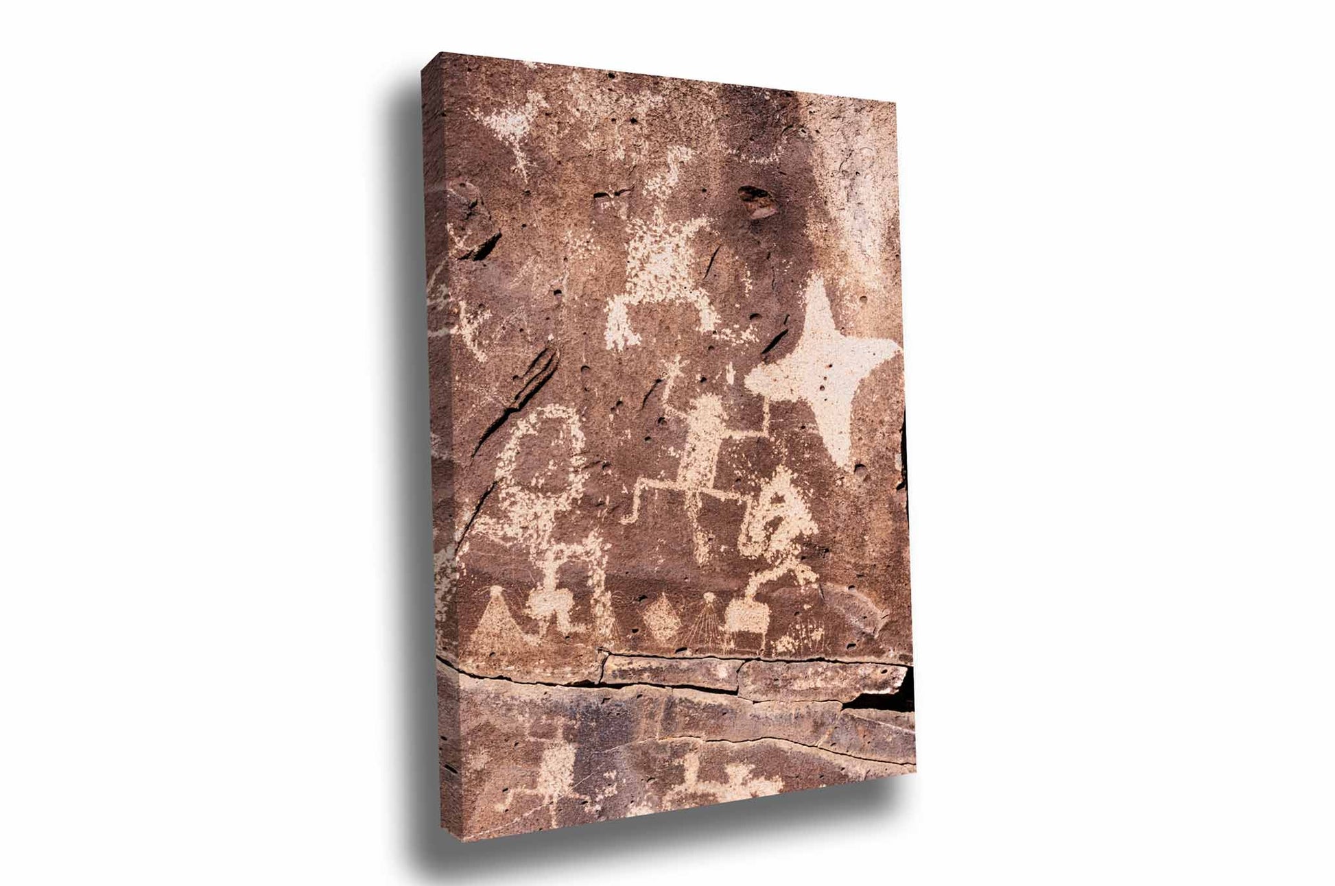 Vertical Southwestern gallery wrap canvas wall art of the ancient rock wall La Cieneguilla petroglyphs near Santa Fe, New Mexico by Sean Ramsey of Southern Plains Photography.