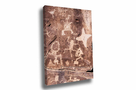Vertical Southwestern gallery wrap canvas wall art of the ancient rock wall La Cieneguilla petroglyphs near Santa Fe, New Mexico by Sean Ramsey of Southern Plains Photography.