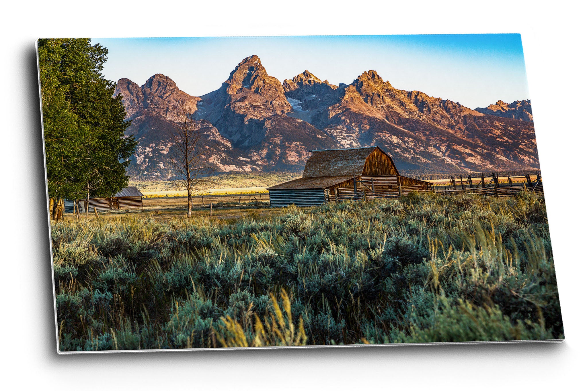 Rocky Mountain photography print of Grand Teton overlooking Moulton Barn and sagebrush on an autumn morning in Grand Teton National Park, Wyoming by Sean Ramsey of Southern Plains Photography.