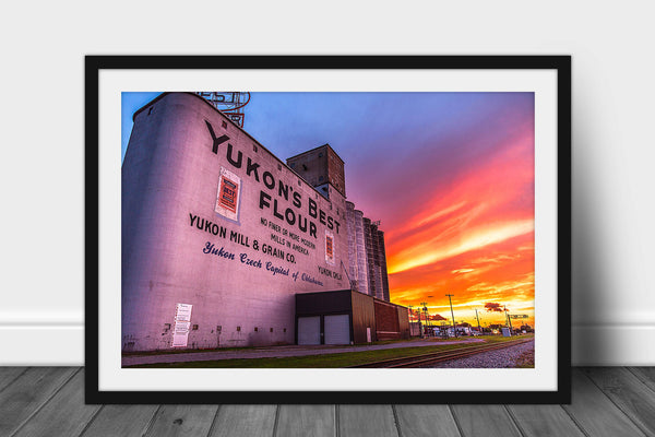 Framed and matted Route 66 print of the Yukon's Best Flour Grain Elevator at sunset along main street in Yukon, Oklahoma by Sean Ramsey of Southern Plains Photography.