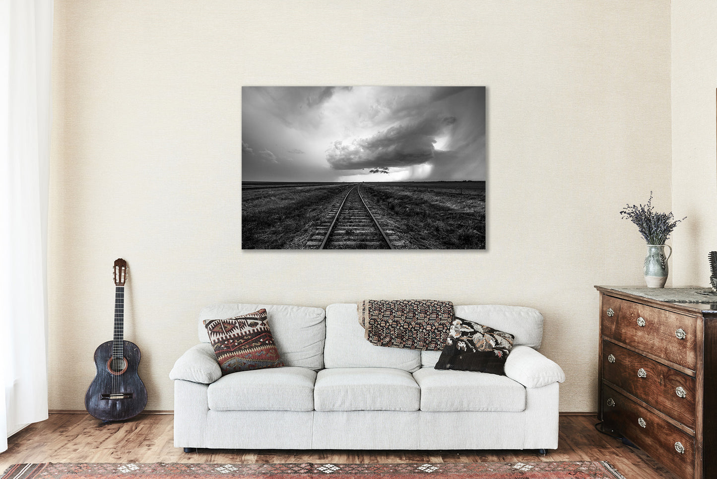 Wanderlust Wall Art - Metal Print of Railroad Tracks Leading to Storm Cloud in Kansas - Black and White Train Thunderstorm Photo Artwork