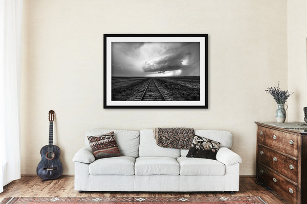 Framed and Matted Print - Black and White Picture of Railroad Tracks Leading to Storm Cloud in Kansas Wanderlust Wall Art Adventure Decor
