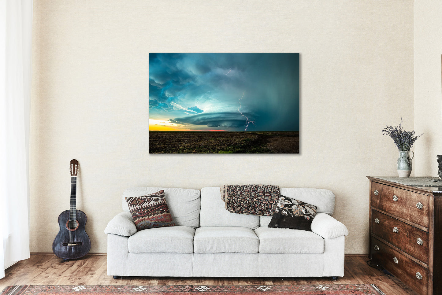 Storm Canvas Wall Art (Ready to Hang) Gallery Wrap of Supercell Thunderstorm with Lightning Bolt at Sunset on Stormy Spring Evening in Kansas Weather Photography Nature Decor