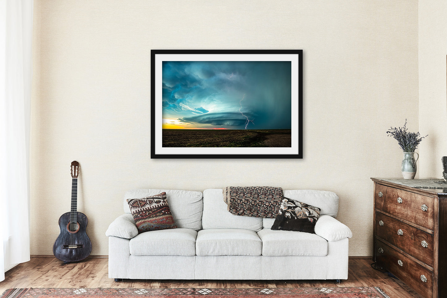 Framed Storm Print with Mat (Ready to Hang) Picture of Supercell Thunderstorm with Lightning Bolt at Sunset on Stormy Spring Evening in Kansas Weather Wall Art Nature Decor