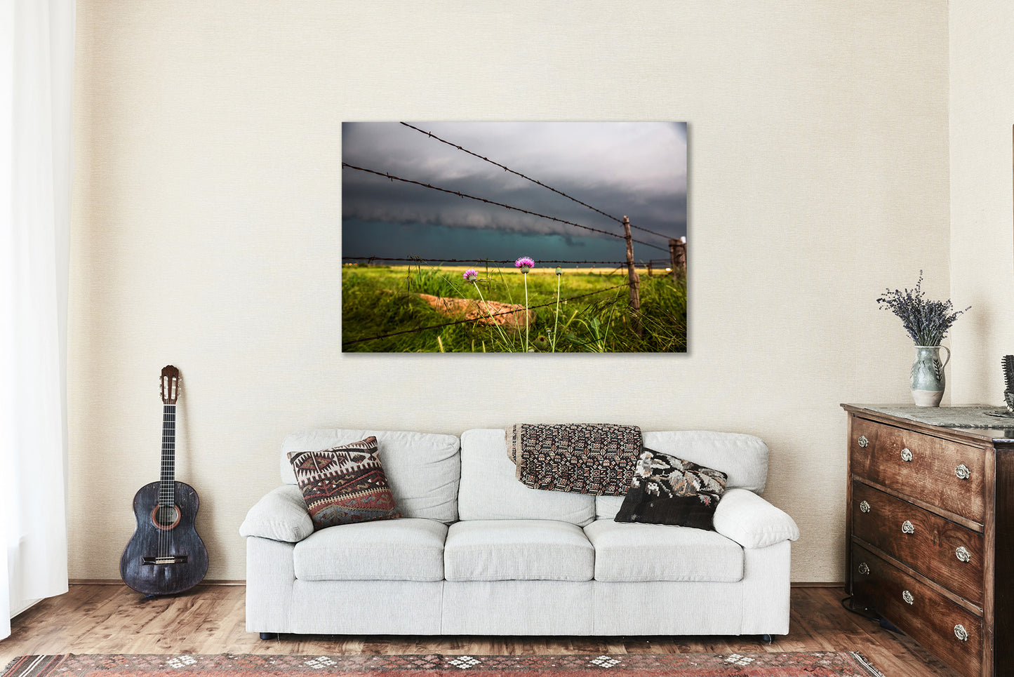 Canvas Wall Art | Pink Thistle Along Barbed Wire Fence Photo | Country Gallery Wrap | Texas Photography | Storm Picture | Farmhouse Decor