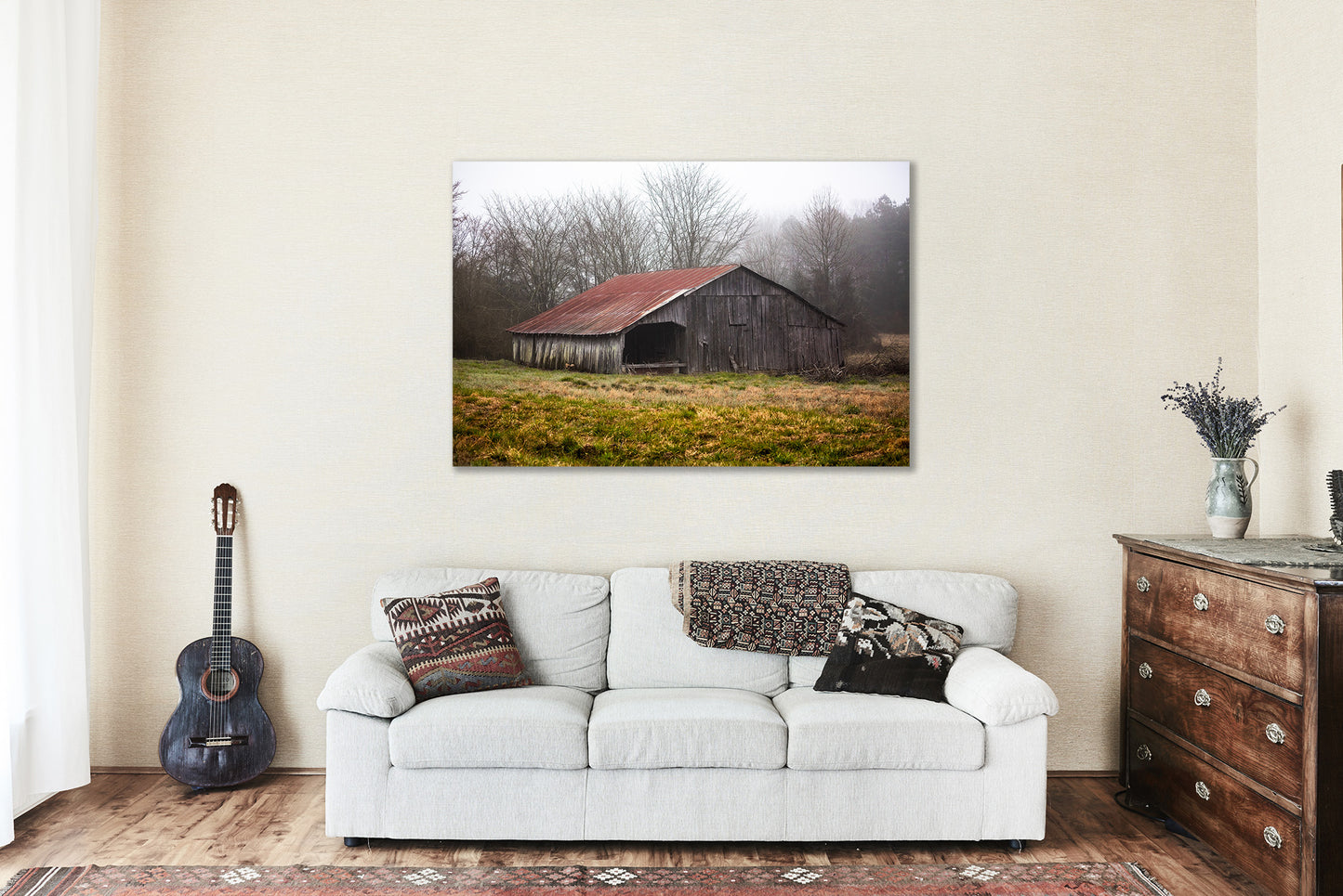 Canvas Wall Art - Gallery Wrap of Rustic Barn with Rusted Tin Roof on Foggy Day in Arkansas - Farmhouse Photography Artwork Photo Decor