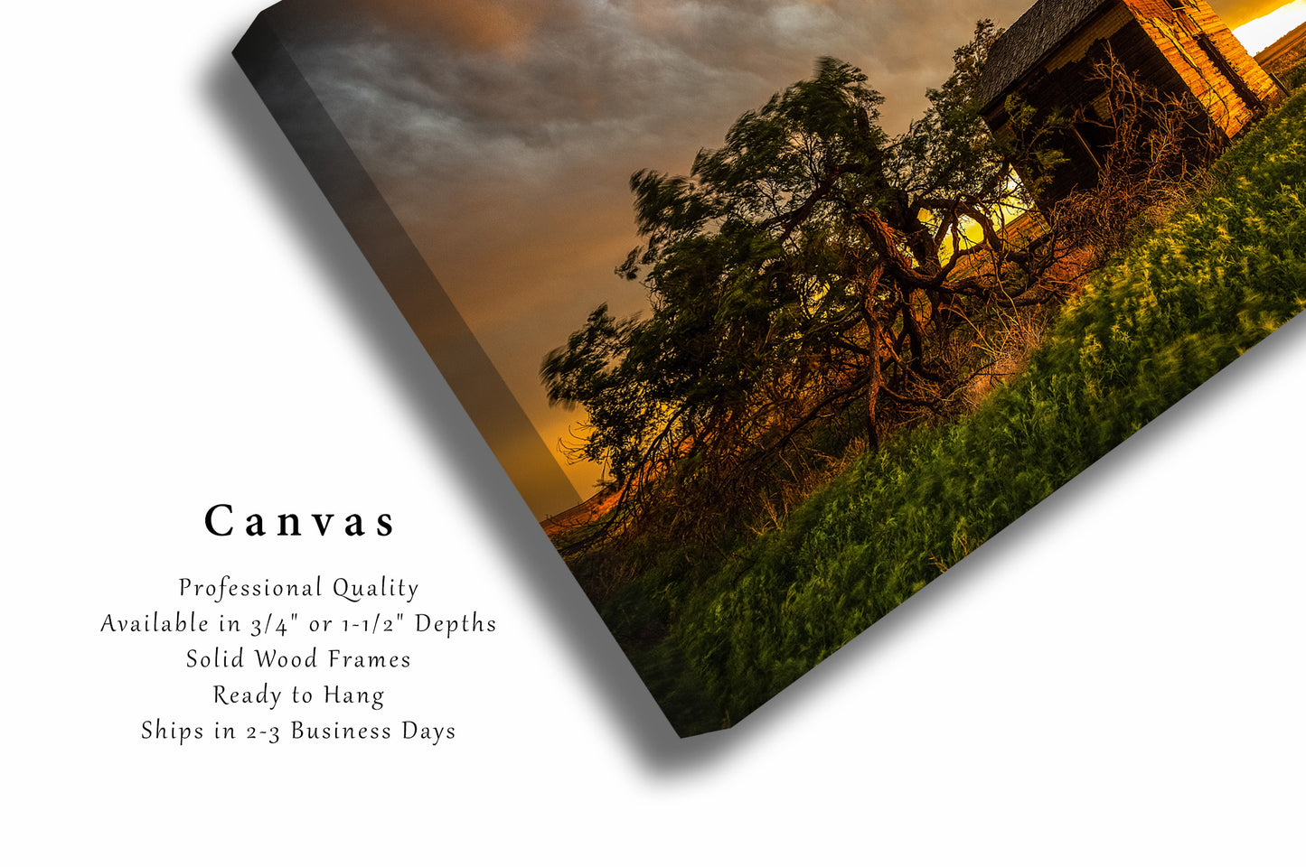 Farm Canvas Wall Art - Gallery Wrap of Red Barn and Windswept Tree Under Dramatic Stormy Sky at Sunset in Oklahoma - Country Farmhouse Decor