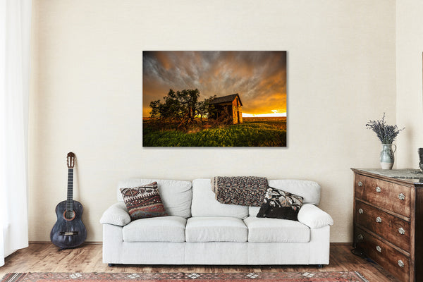Farm Canvas Wall Art - Gallery Wrap of Red Barn and Windswept Tree Under Dramatic Stormy Sky at Sunset in Oklahoma - Country Farmhouse Decor