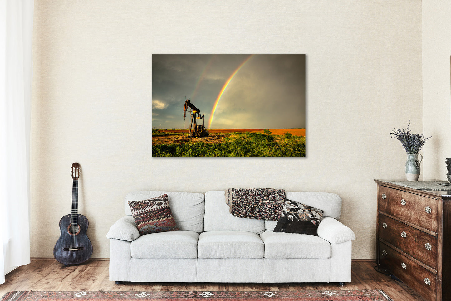 Oilfield Metal Print - Rainbow Ending at Pump Jack After Stormy Spring Day in Texas - Ready to Hang Oil and Gas Wall Art Photo Decor