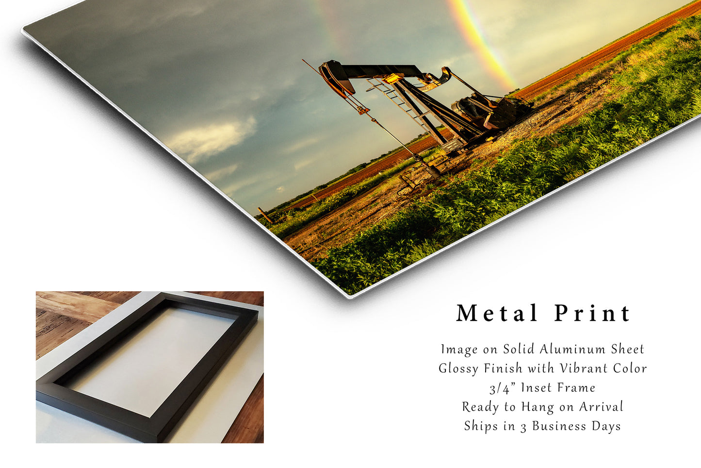 Oilfield Metal Print (Ready to Hang) Photo on Aluminum of Rainbow Ending at Pump Jack on Stormy Day in Texas Oil and Gas Wall Art Energy Decor