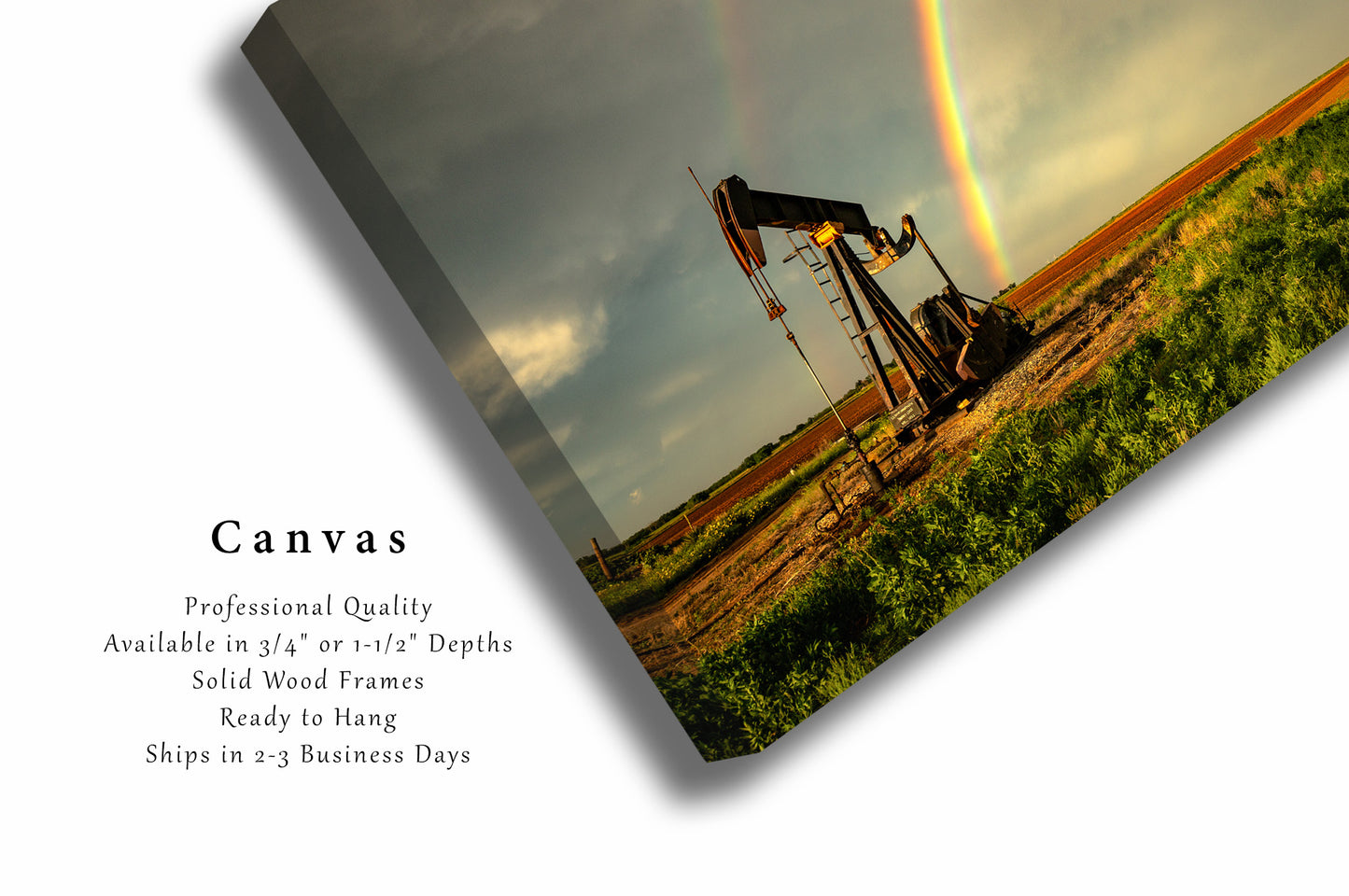 Oilfield Canvas Wall Art (Ready to Hang) Gallery Wrap of Rainbow Ending at Pump Jack on Stormy Day in Texas Oil and Gas Photography Energy Decor