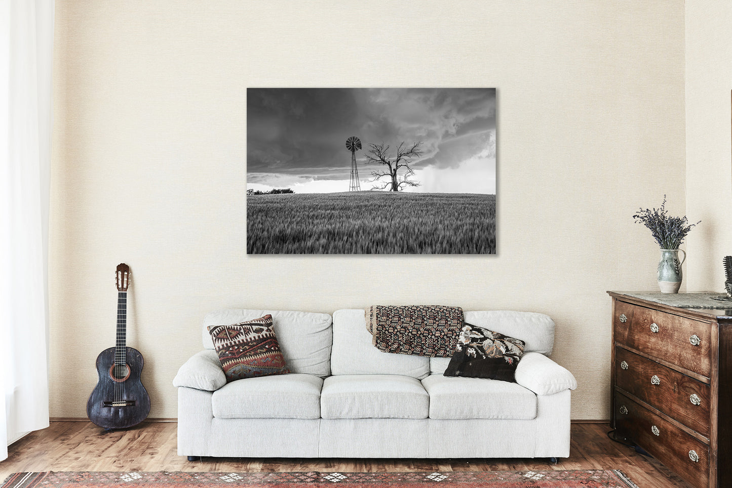 Country Metal Print (Ready to Hang) Black and White Wall Art of Old Windmill and Tree in Wheat Field on Stormy Day in Oklahoma Farm Photography Farmhouse Decor