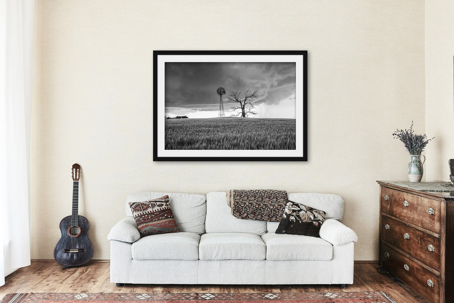 Country Framed and Matted Print - Picture of Windmill and Dead Tree in Wheat Field on Stormy Day in Oklahoma - Farmhouse Wall Art Decor