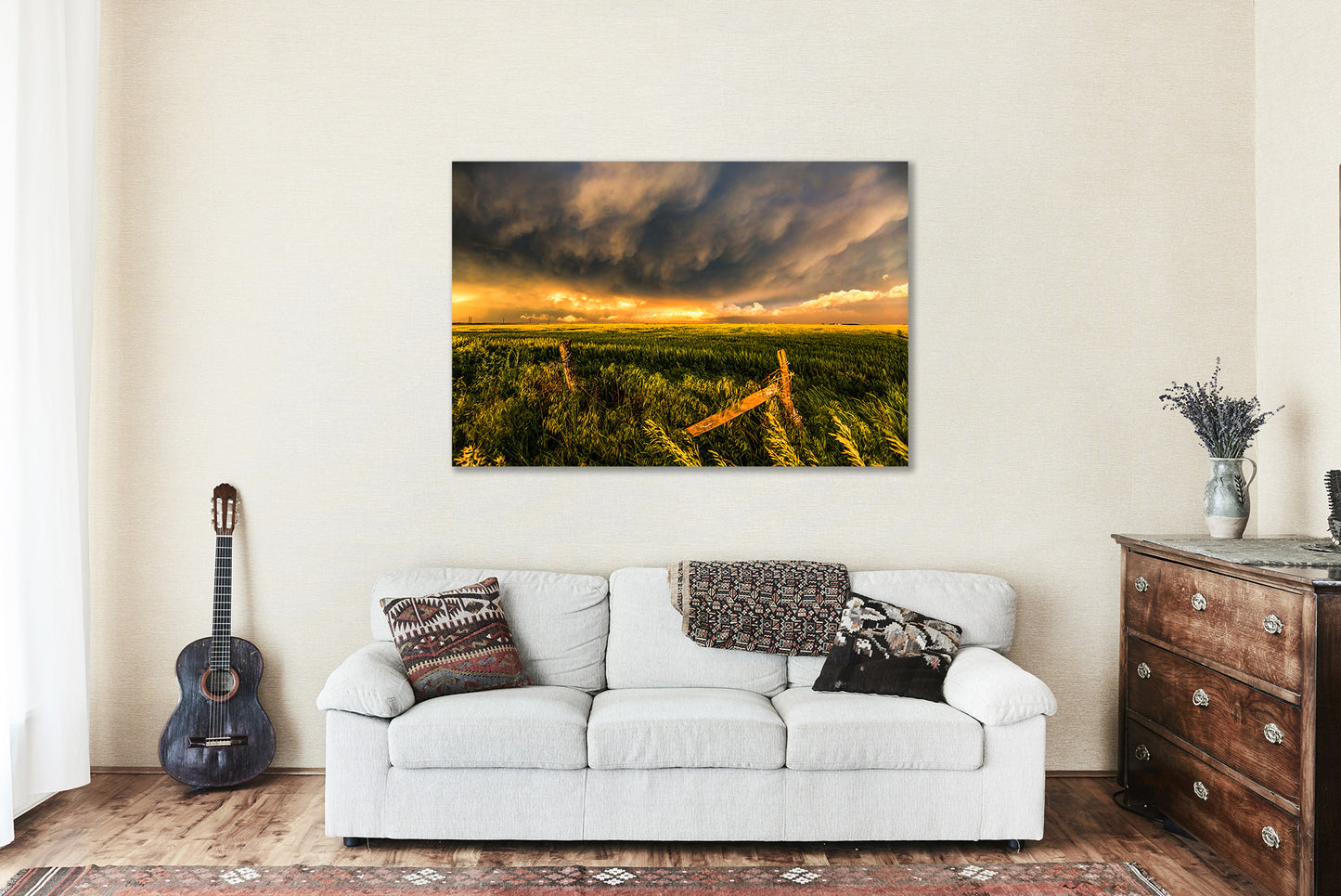 Great Plains Canvas Wall Art - Picture of Stormy Sky Over Fence Posts and Field on Spring Evening in Kansas - Farmhouse Decor Photo Artwork