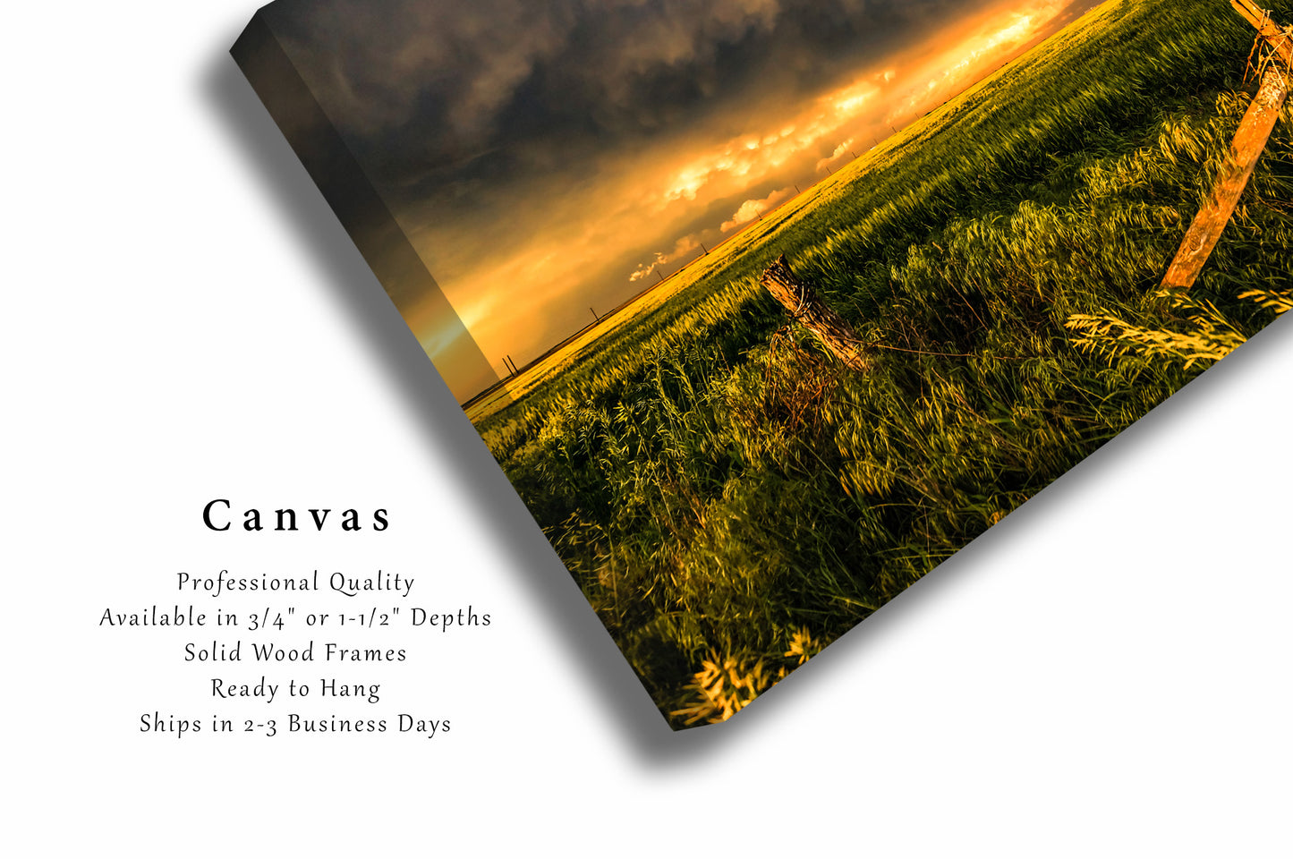 Great Plains Canvas Wall Art - Picture of Stormy Sky Over Fence Posts and Field on Spring Evening in Kansas - Farmhouse Decor Photo Artwork