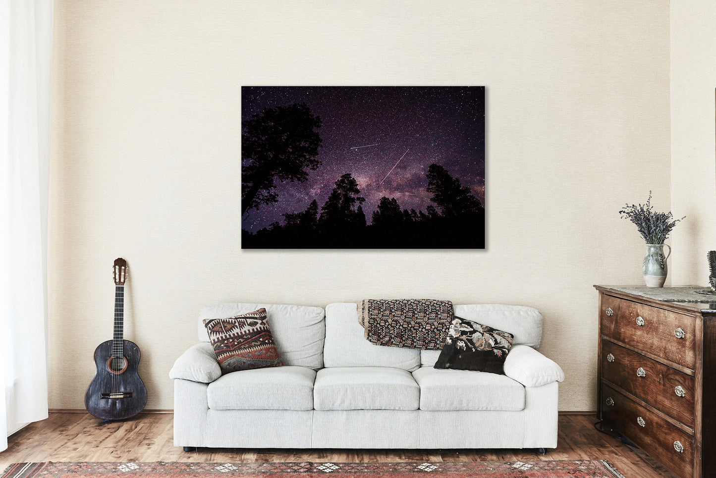 Celestial Wall Art Metal Print - Picture of Shooting Stars Satellites and Planes in Starry Sky Above Tree Silhouettes in Colorado Artwork