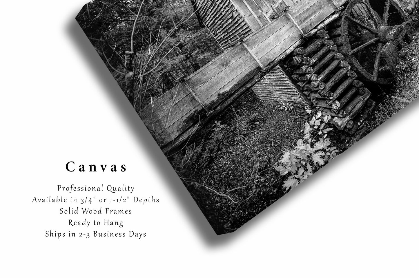 Country Canvas Wall Art (Ready to Hang) Black and White Gallery Wrap of John Cable Mill in Cades Cove Great Smoky Mountains Tennessee Rustic Photography Farmhouse Decor