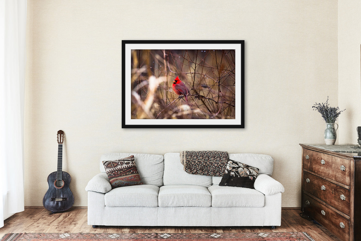 Framed and Matted Print - Picture of Red Cardinal Surrounded by Raindrops on Winter Day in Oklahoma Bird Wall Art Ready to Hang Nature Decor