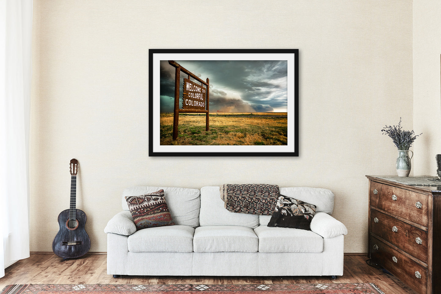 Framed Storm Print with Mat (Ready to Hang) Picture of Thunderstorm Advancing Past Colorful Colorado State Line Sign Great Plains Wall Art Western Decor
