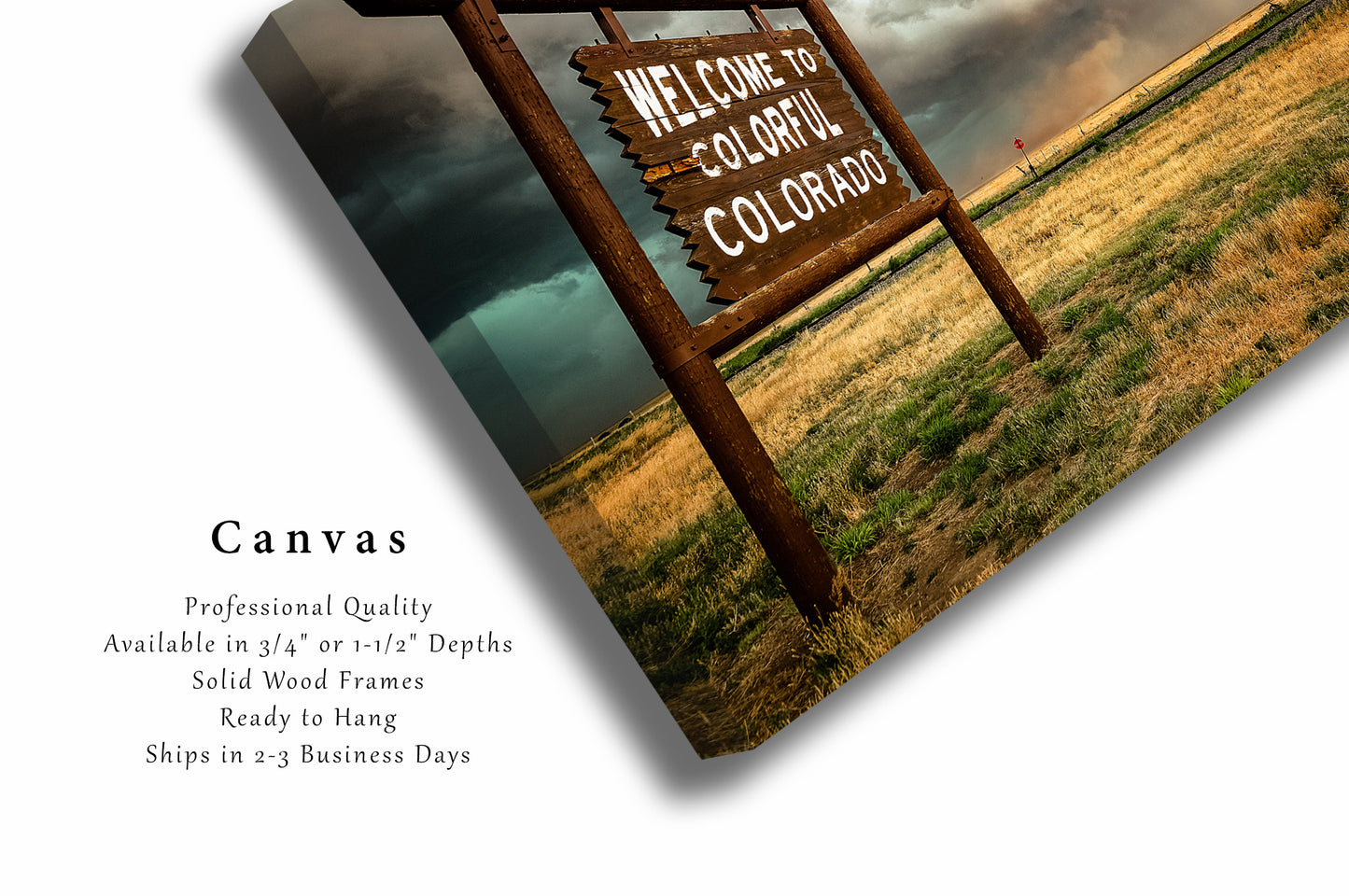 Storm Canvas Wall Art (Ready to Hang) Gallery Wrap of Thunderstorm Advancing Past Colorful Colorado State Line Sign Great Plains Wall Art Western Decor