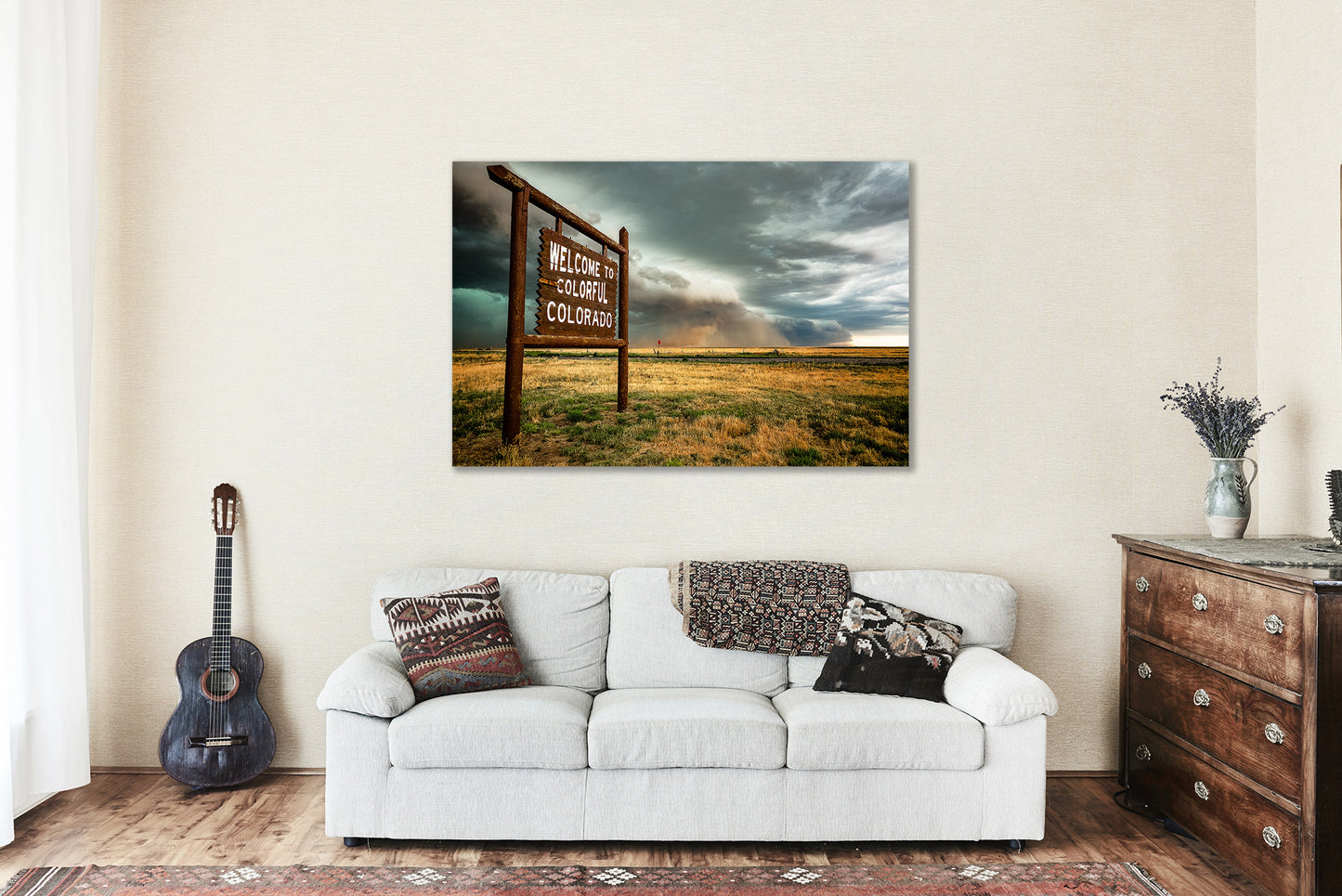 Storm Metal Print (Ready to Hang) Photo on Aluminum of Thunderstorm Advancing Past Colorado Colorado State Line Sign Great Plains Wall Art Western Decor
