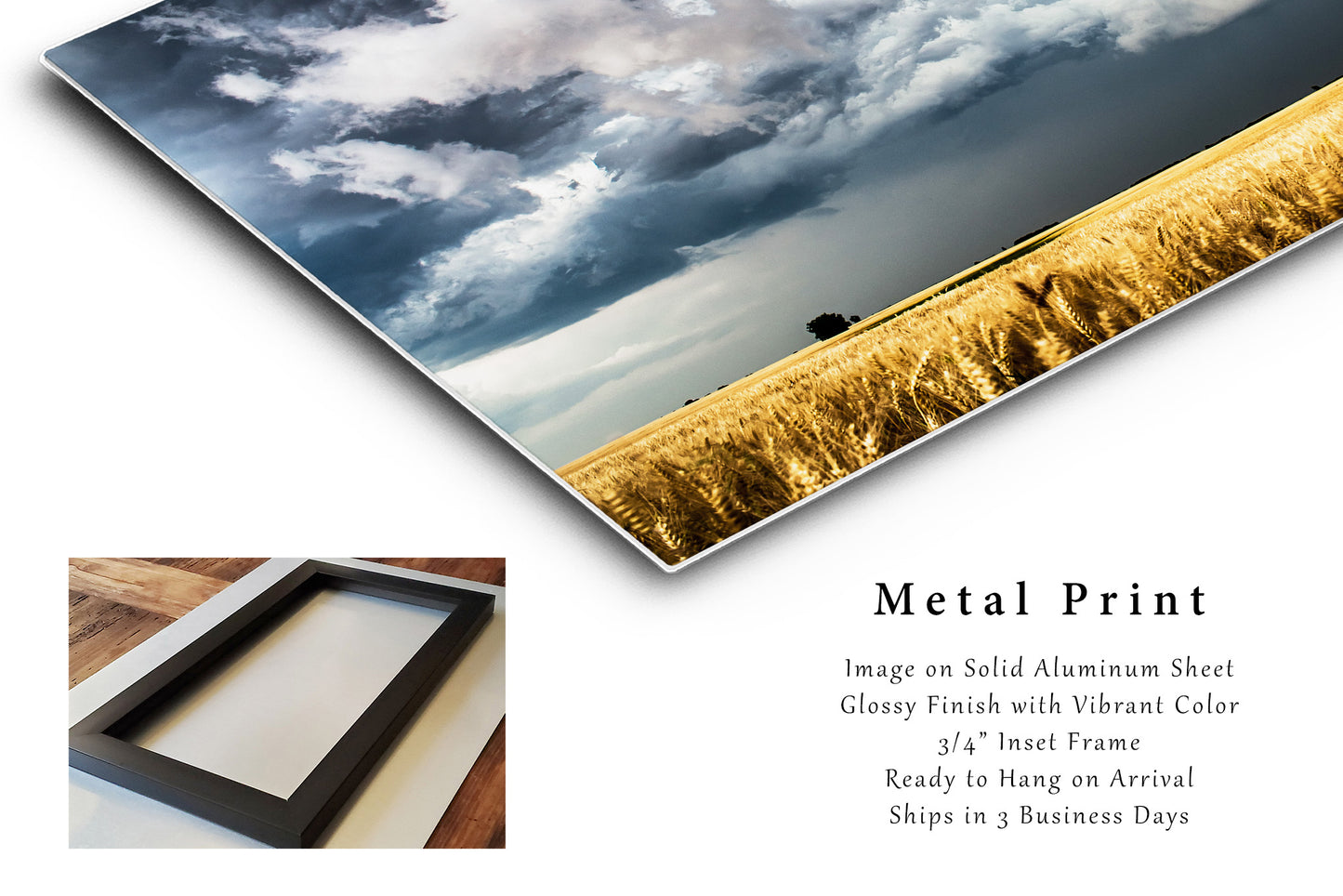 Country Metal Print (Ready to Hang) Photo on Aluminum of Storm Clouds Gathering Over Golden Wheat Field in Kansas Western Wall Art Farmhouse Decor