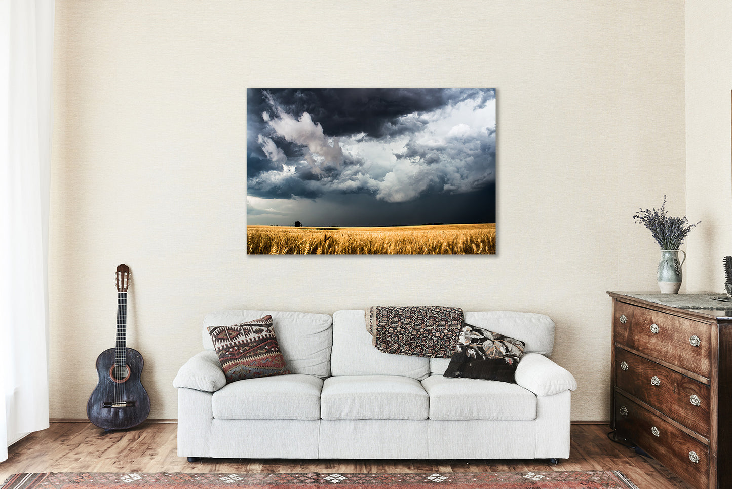 Country Metal Print (Ready to Hang) Photo on Aluminum of Storm Clouds Gathering Over Golden Wheat Field in Kansas Western Wall Art Farmhouse Decor