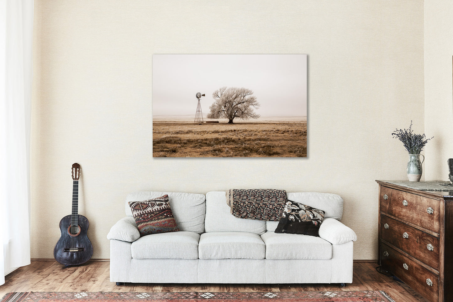 Country Wall Art - Gallery Wrapped Canvas of Old Windmill and Tree Covered in Frost on Winter Day in New Mexico - Farmhouse Photography