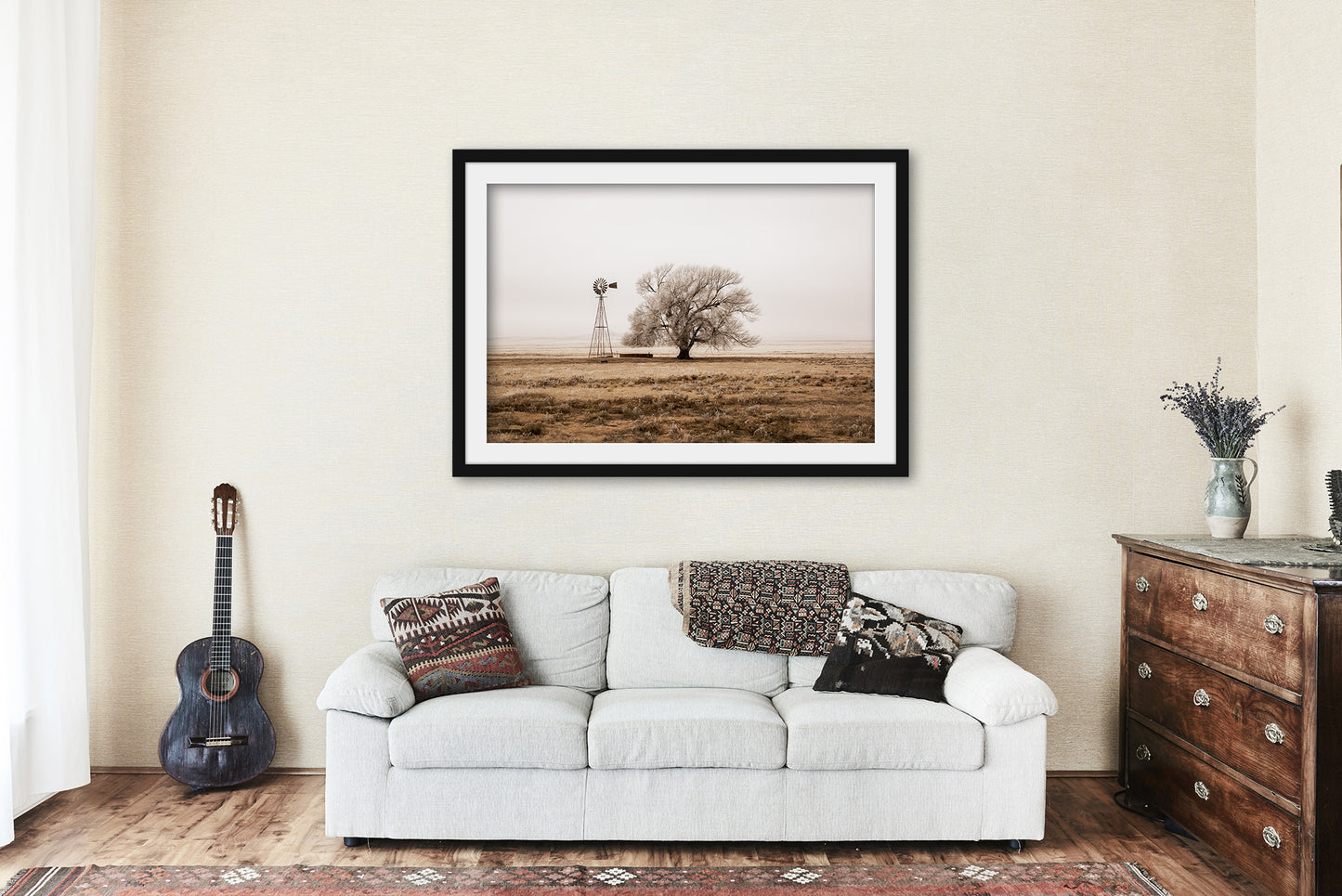 Country Framed and Matted Print | Windmill and Tree Photo | New Mexico Decor | Sepia Photography | Farmhouse Wall Art | Ready to Hang