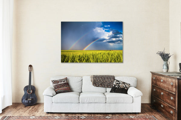 Country Metal Print of Double Rainbow Over Wheat Field on Spring Day in Kansas - Farmhouse Wall Art Photo Decor 4x6 to 24x36