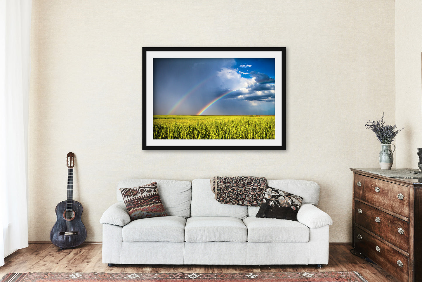 Framed Country Print (Ready to Hang) Picture of Double Rainbow Over Wheat Field on Stormy Spring Day in Kansas Great Plains Wall Art Nature Decor