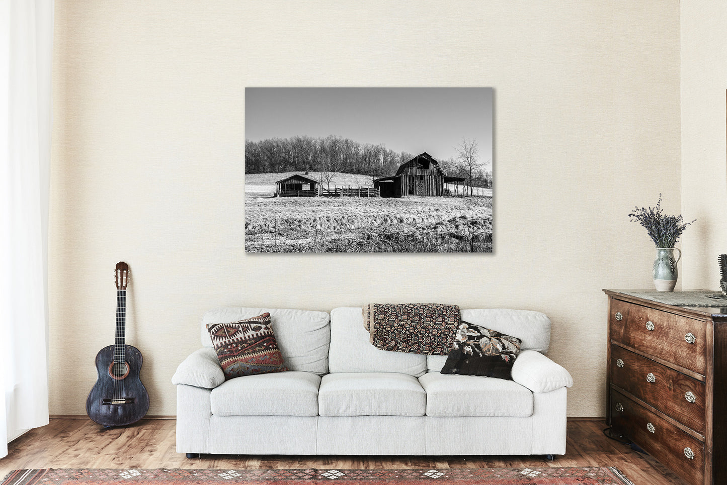 Farmhouse Canvas Wall Art - Black and White Gallery Wrap of Rustic Barn and Pen in Arkansas - Country Farm Photography Artwork Decor