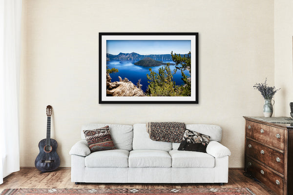 Framed and Matted Print - Picture of Crater Lake and Wizard Island on Summer Day in Oregon Pacific Northwest Wall Art Cascade Range Decor