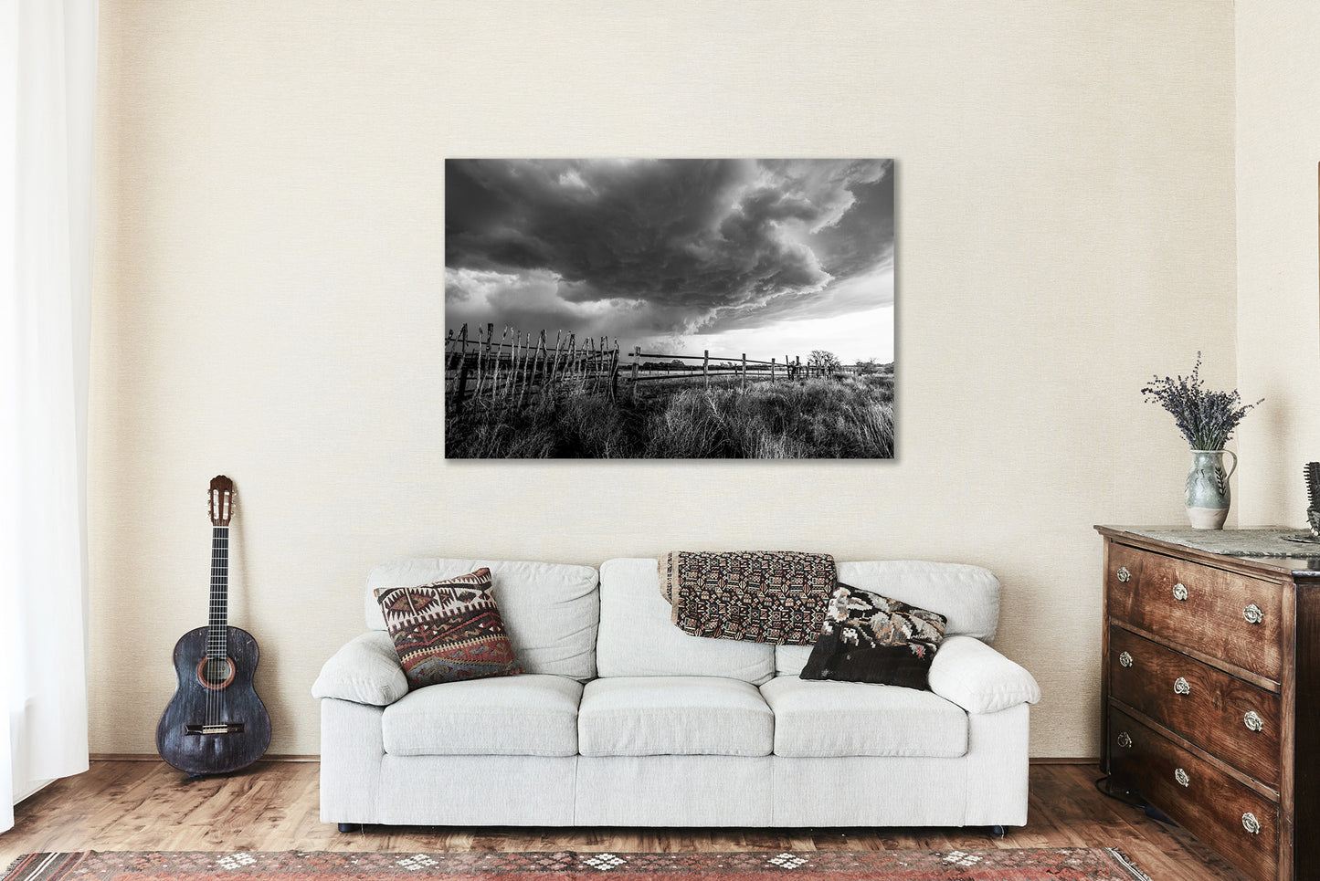 Canvas Wall Art | Storm Over Ranch Fence Picture | Black and White Thunderstorm Gallery Wrap | Oklahoma Photography | Western Decor