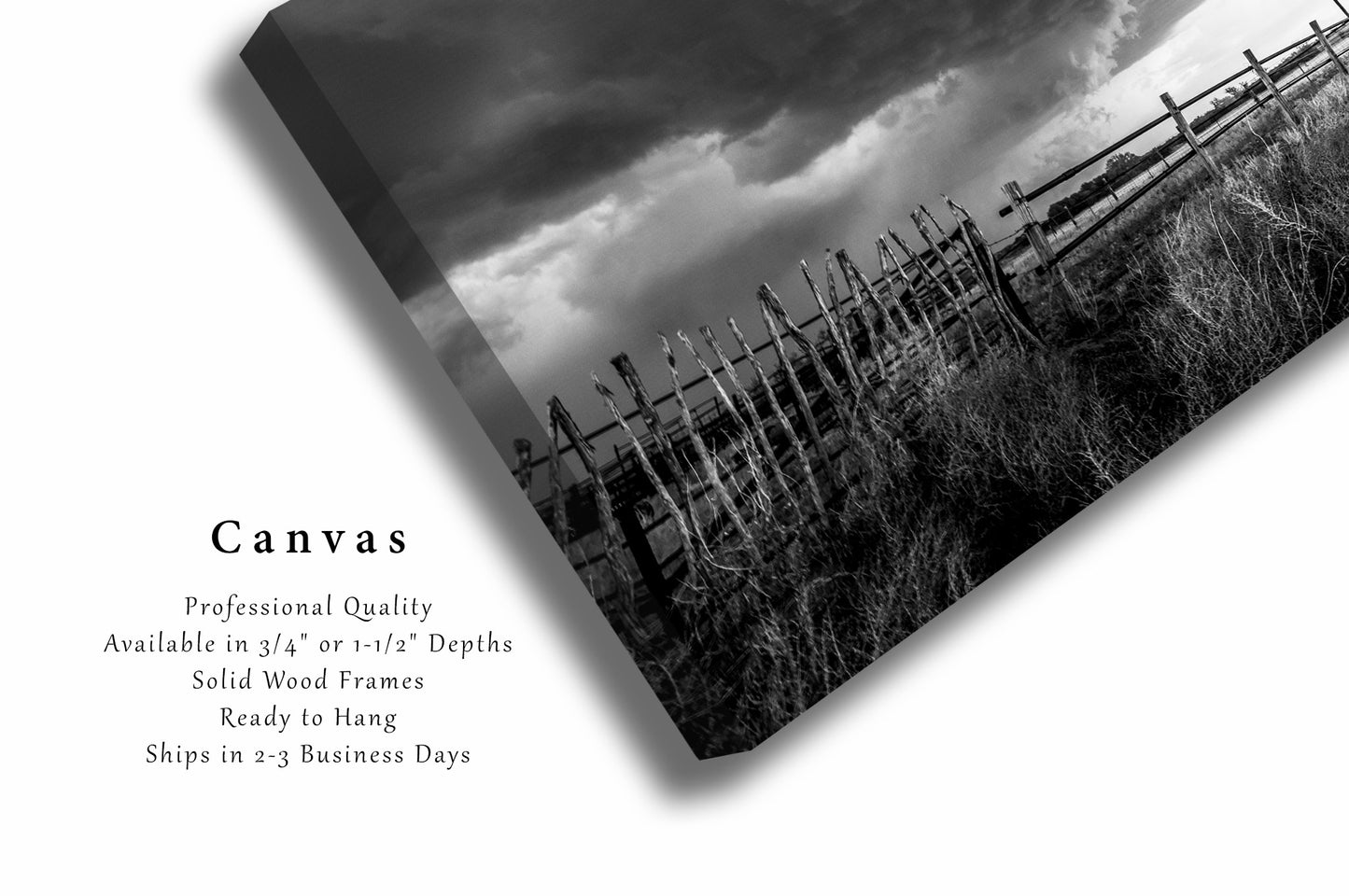 Canvas Wall Art | Storm Over Ranch Fence Picture | Black and White Thunderstorm Gallery Wrap | Oklahoma Photography | Western Decor