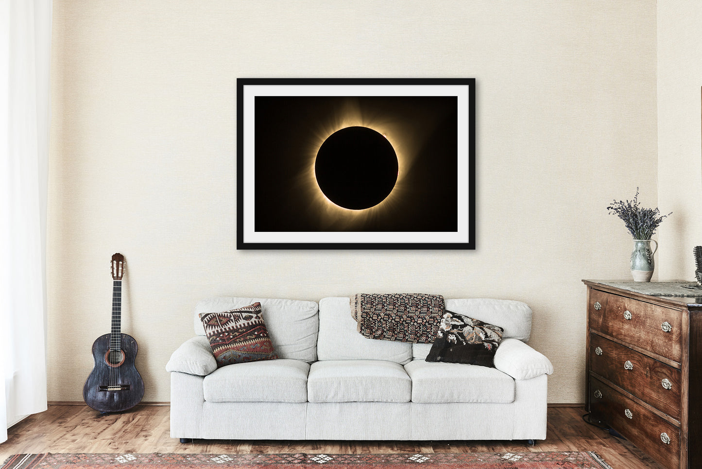 Celestial Framed Print - Ready to Hang Wall Art of Total Solar Eclipse with Visible Sun Flares in Nebraska - Space Science Artwork Decor