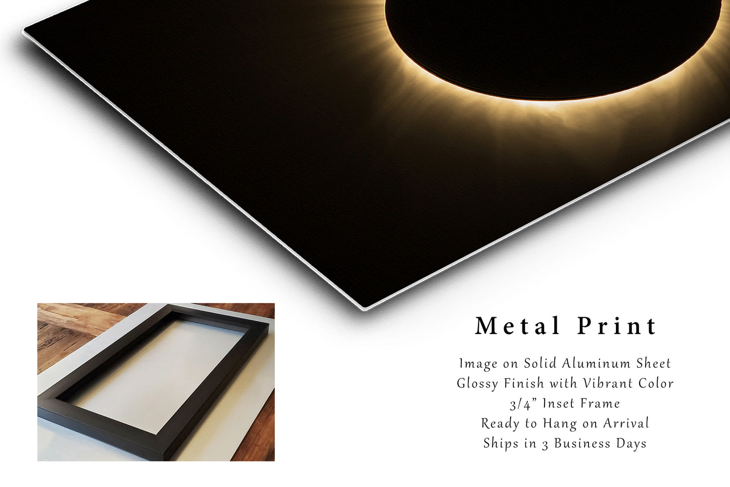 Celestial Metal Print (Ready to Hang) Photo of Total Solar Eclipse with Visible Sun Flares in Nebraska Sun Moon Wall Art Science Decor