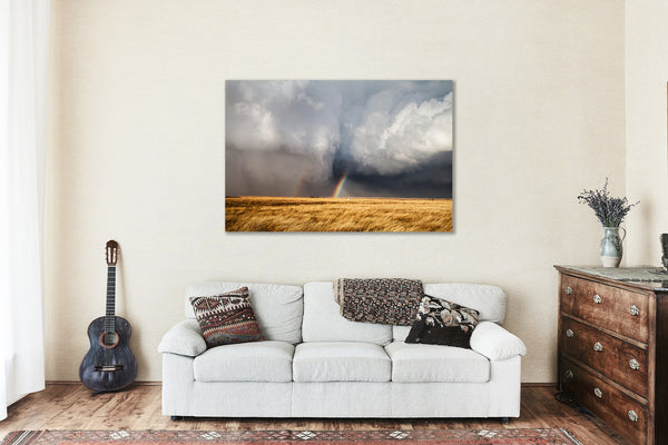 Canvas Wall Art - Gallery Wrap of Rainbow Between Rain Wrapped Tornado and Storm Cloud on Spring Day in Kansas Farmhouse Nature Decor