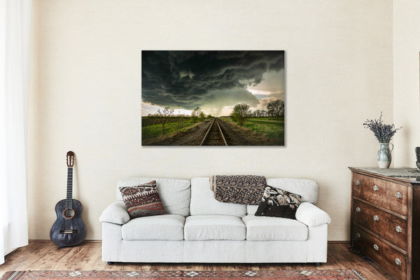Canvas Wall Art - Gallery Wrap of Train Tracks Leading to Storm on Spring Day in Kansas - Railroad Photography Artwork Photo Decor