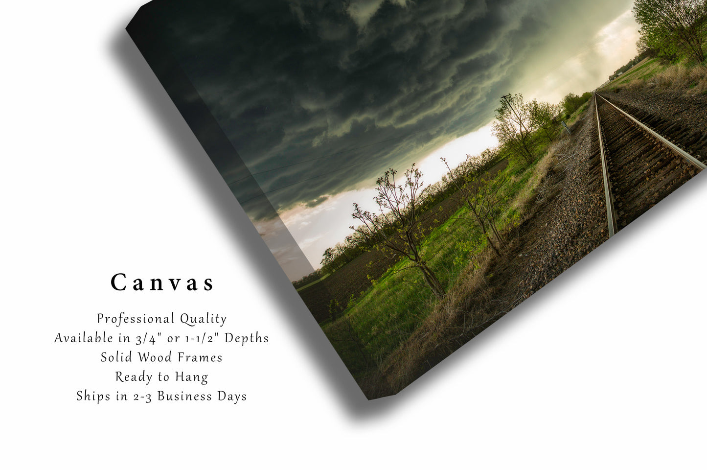 Storm Canvas Wall Art (Ready to Hang) Gallery Wrap of Train Tracks Leading to Thunderstorm on Stormy Spring Day in Kansas Weather Photography Railroad Decor