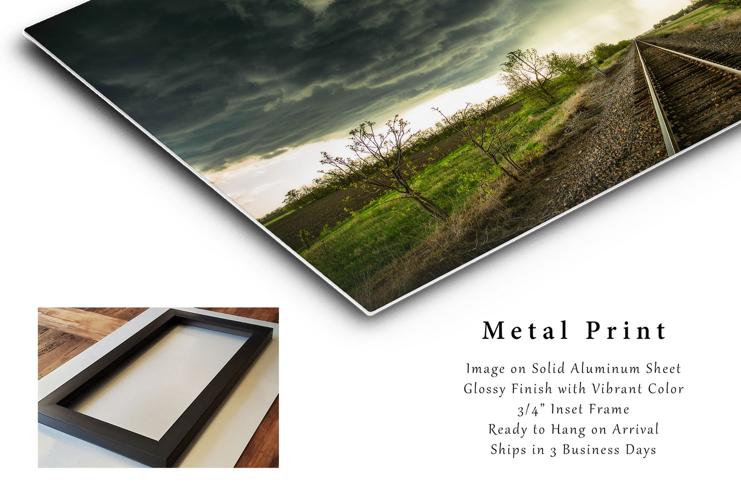 Storm Metal Print (Ready to Hang) Photo on Aluminum of Train Tracks Leading to Thunderstorm on Stormy Spring Day in Kansas Weather Wall Art Railroad Decor
