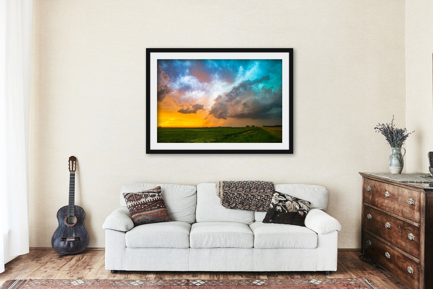 Framed and Matted Print - Picture of Colorful Storm Clouds at Sunset on Spring Evening in Kansas - Thunderstorm Wall Art Weather Decor