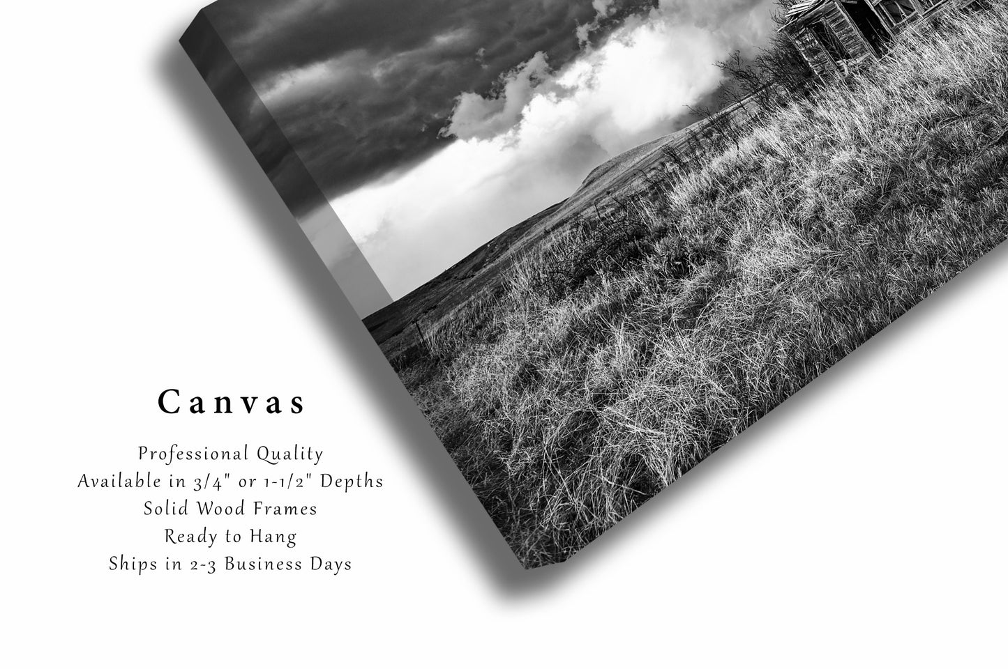 Country Canvas Wall Art - Black and White Gallery Wrap of Abandoned House on Stormy Day in Kansas - Prairie Photography Artwork Photo Decor
