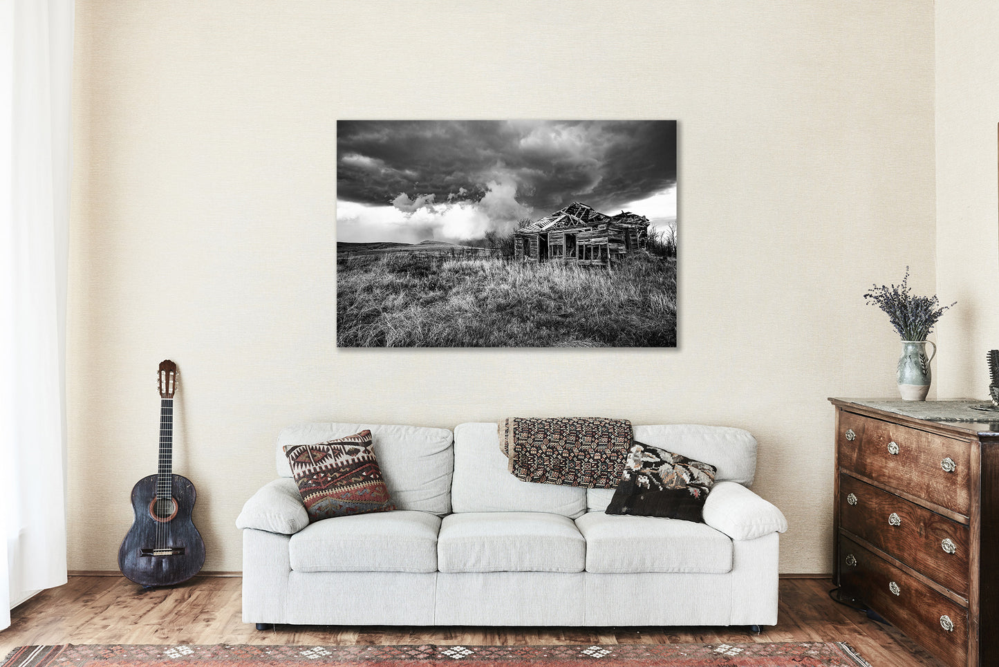 Country Canvas Wall Art - Black and White Gallery Wrap of Abandoned House on Stormy Day in Kansas - Prairie Photography Artwork Photo Decor