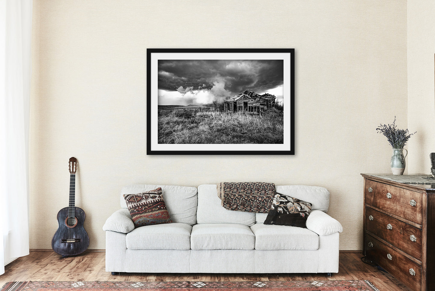 Framed Great Plains Print  with Optional Mat (Ready to Hang) Black and White Picture of Abandoned House and Storm on Spring Day in Kansas Thunderstorm Wall Art Prairie Decor