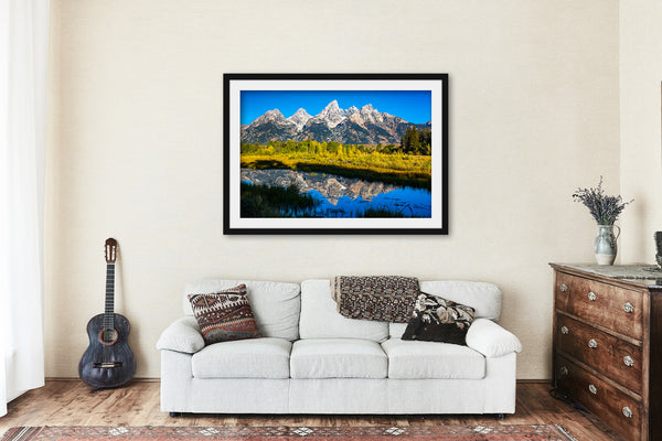 Framed and Matted Photography - Fine Art Print of Grand Tetons Reflecting Off Water at Schwabacher Landing - Rocky Mountain Photo Decor
