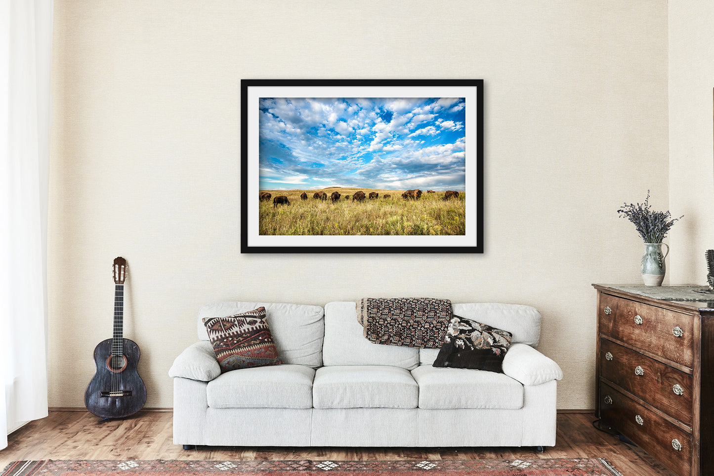 Framed Print (Ready to Hang) Picture of Buffalo Herd on Tallgrass Prairie in Oklahoma Bison Wall Art Western Decor