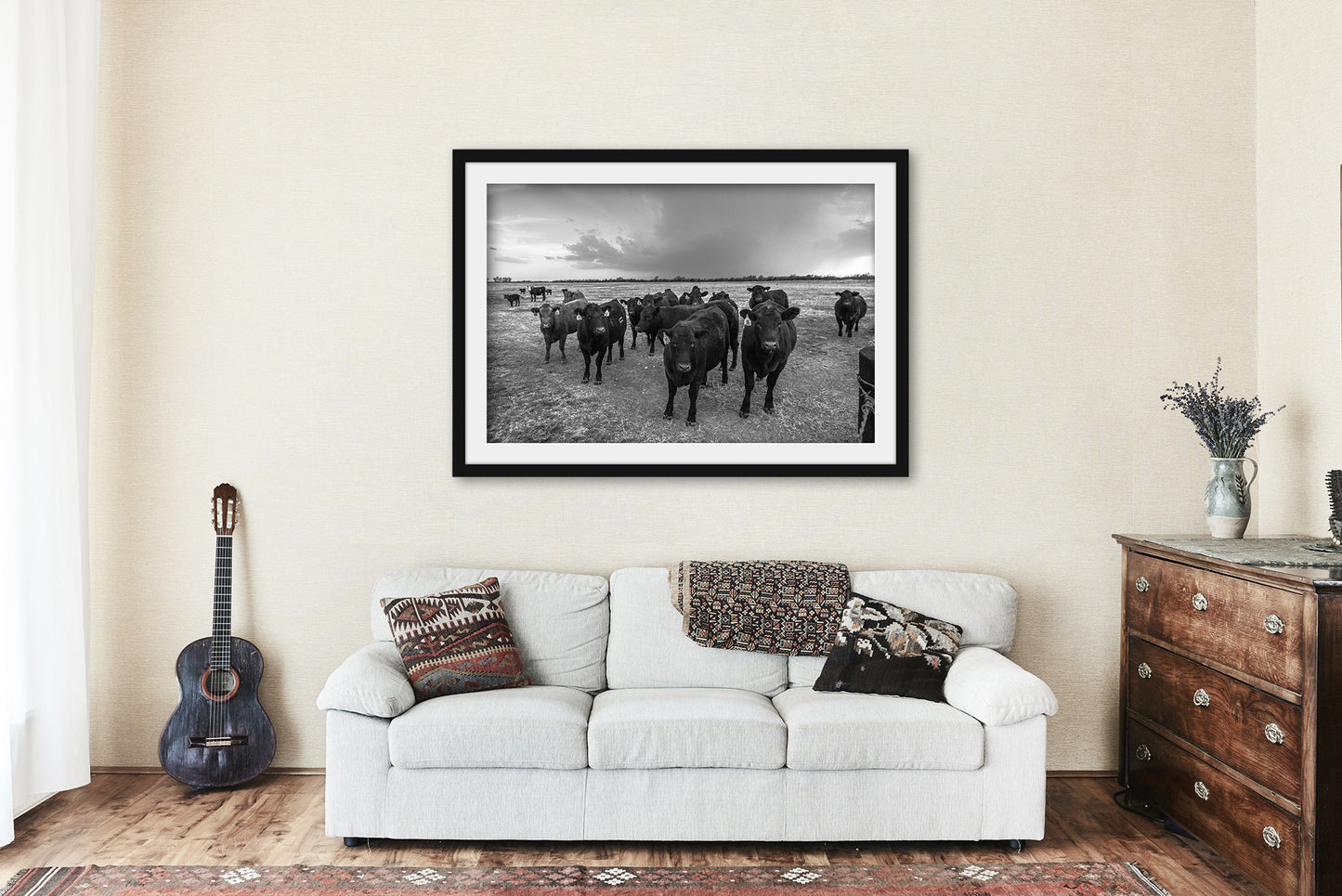 Framed Cow Print (Ready to Hang) Black and White Picture of Angus Cattle Gathering as Storm Brews in Kansas Country Wall Art Farmhouse Decor