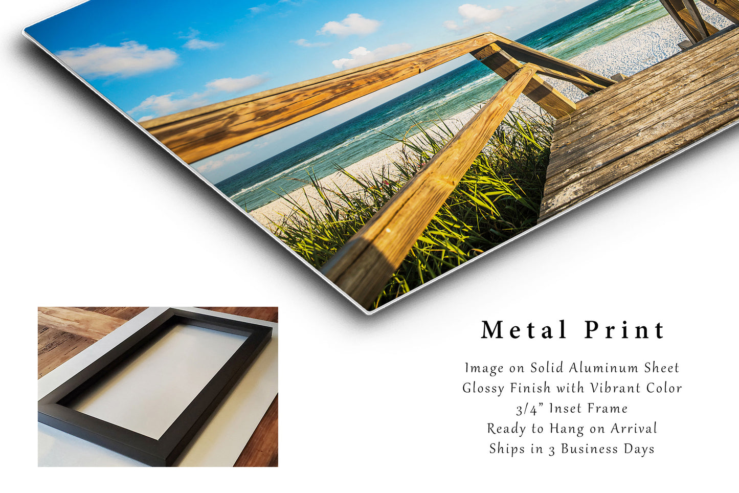 Gulf Coast Metal Print (Ready to Hang) Photo on Aluminum of Sandy Boardwalk Leading to Emerald Waters near Destin Florida Beach Wall Art Coastal Decor