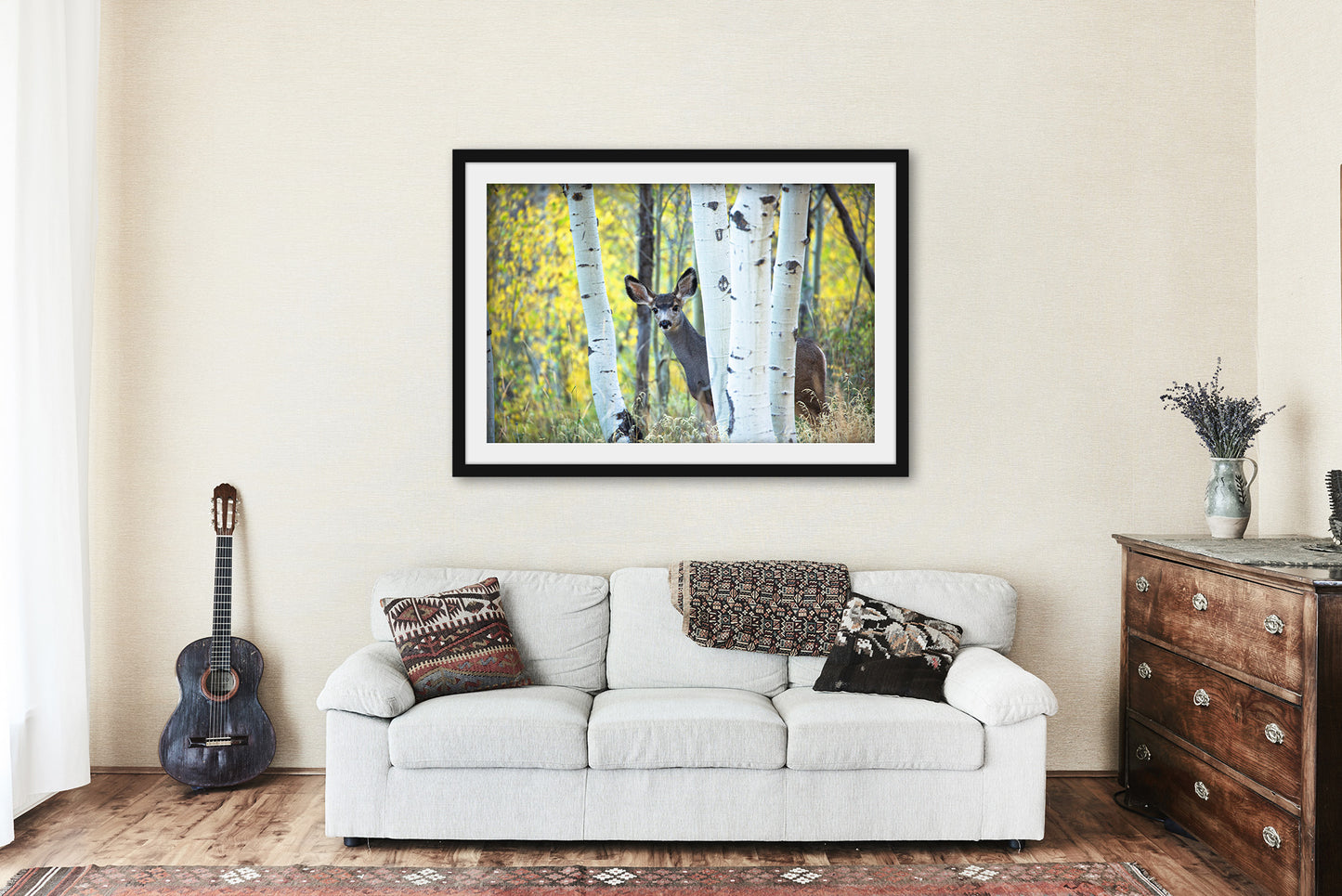 Framed and Matted Print - Picture of Mule Deer Hiding Behind Aspen Trees on Autumn Day at Maroon Bells Colorado Western Wildlife Decor